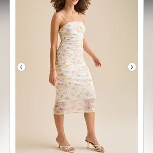 Dawn Floral‎ Midi Dress Butter Yellow Ruche Stretch Sundress Bridal Shower Wed L